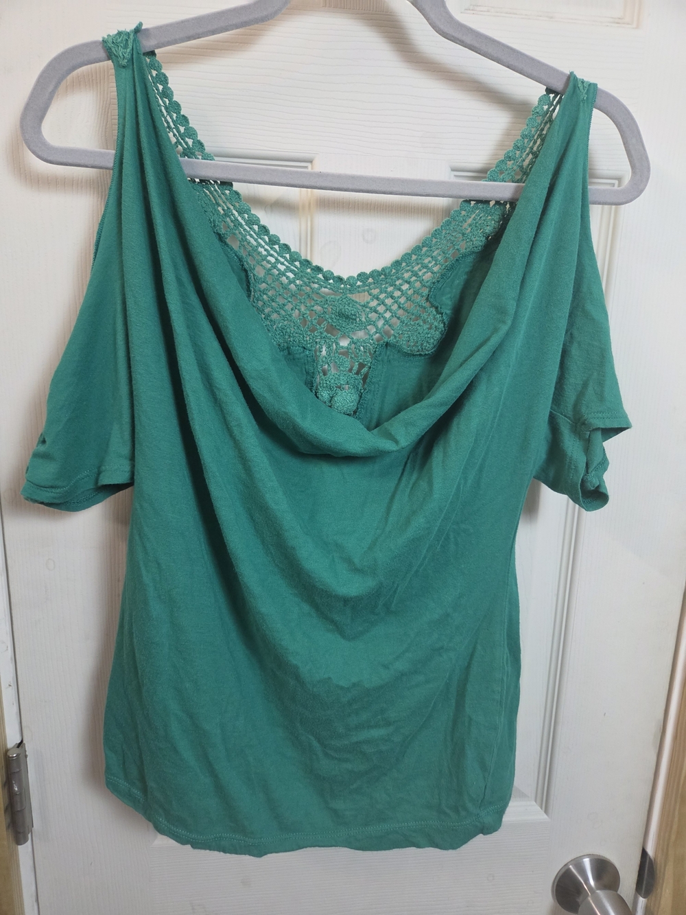 Women's Teal Crochet Back Cold-Shoulder Top #0450
